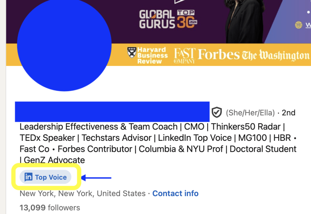 Example of Top Voice badge on LinkedIn profile