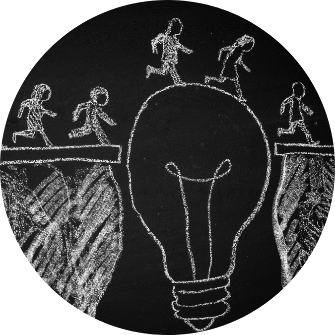 Chalkboard drawing of people walking over lightbulb - digital marketing higher ed