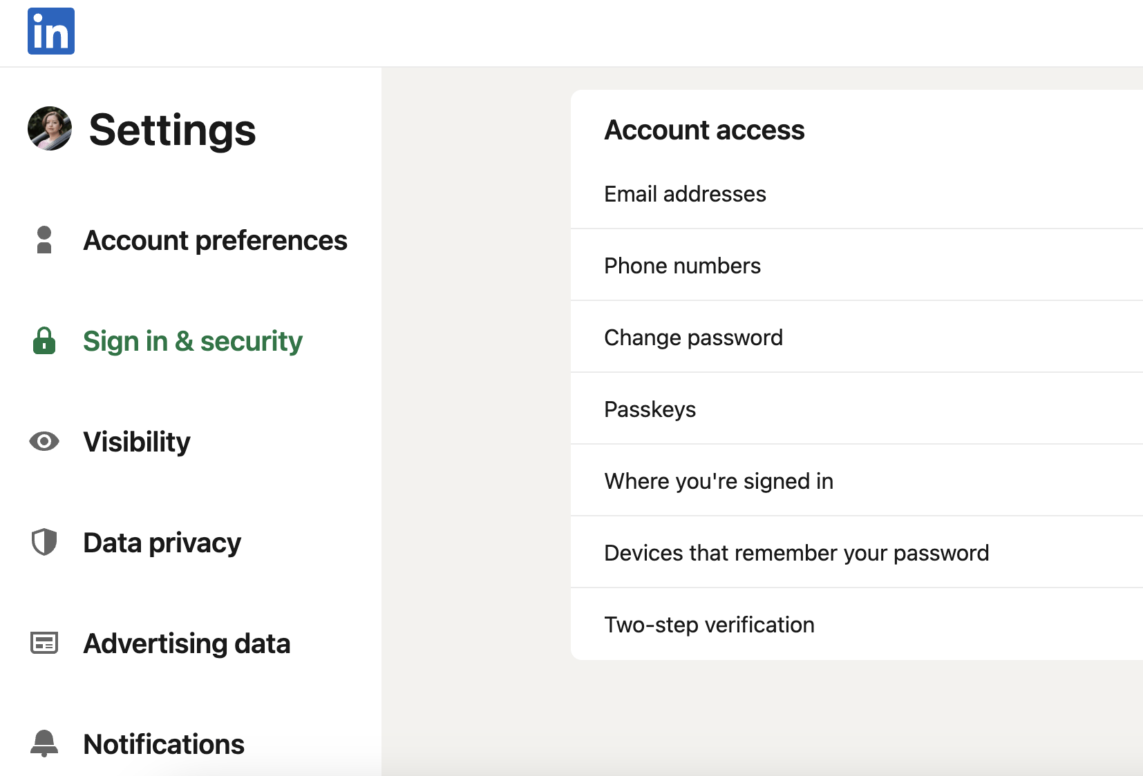Sign in and security page on LinkedIn