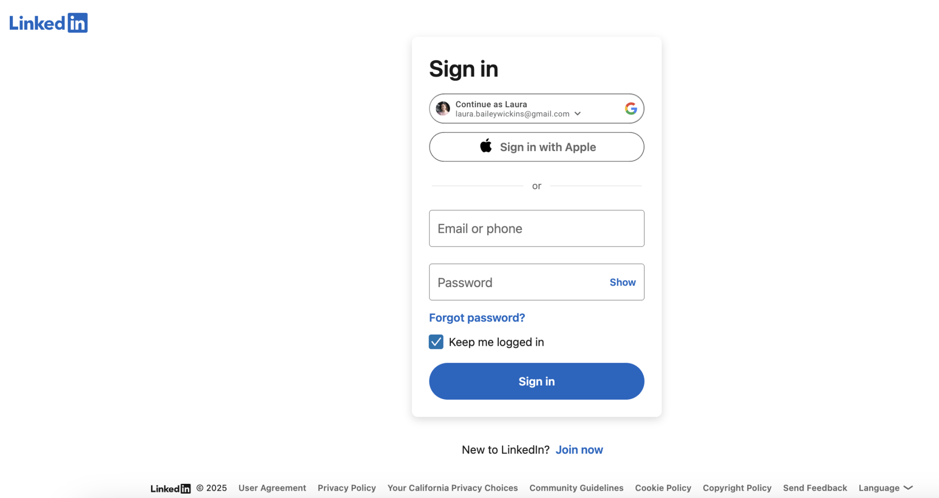 Sign in screen for LinkedIn