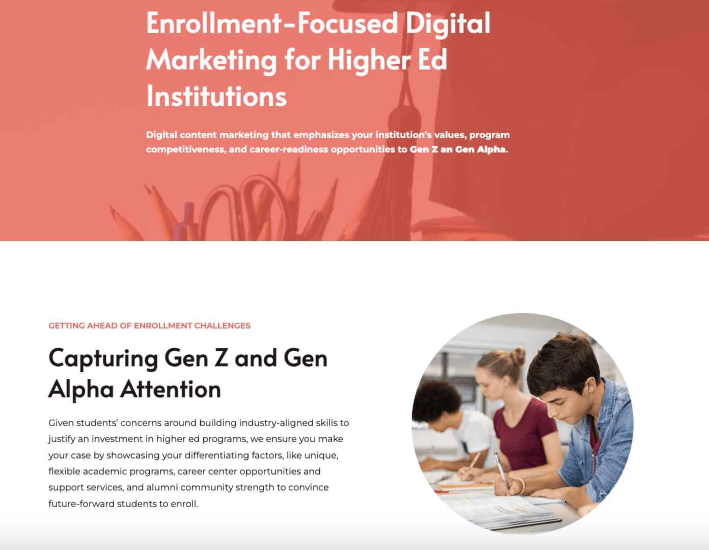 Page title, header 1 and header 2, and paragraph text from GrowthSpurt Strategies higher ed industry page.