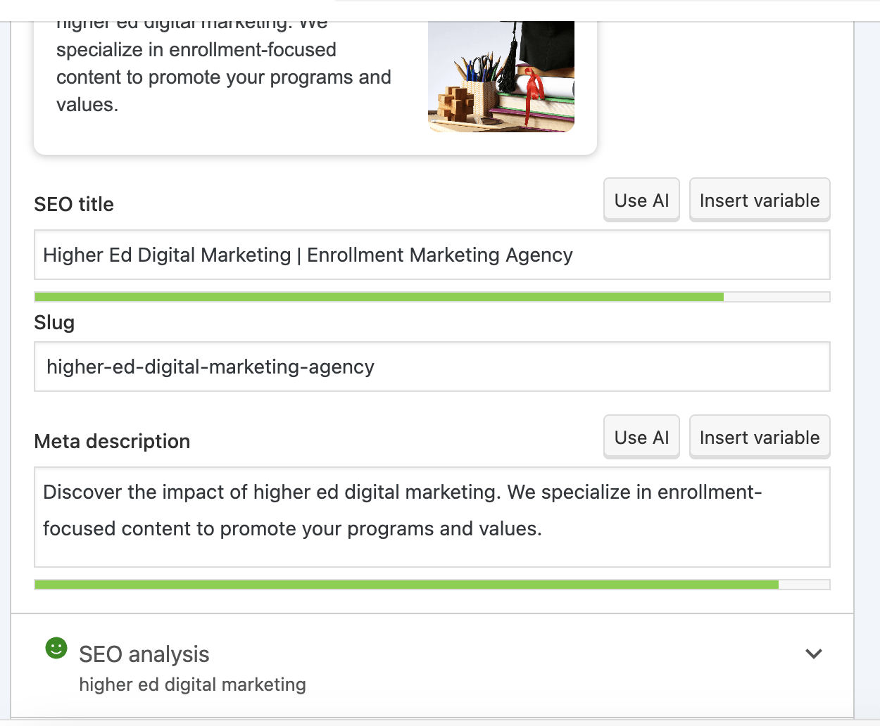 SEO meta description, keyword, and slug fields in the Yoast SEO WordPress plugin.