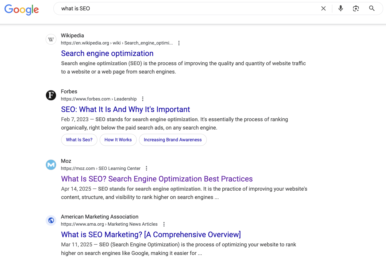 A typical Google results page without any rich or AI results. The old view.